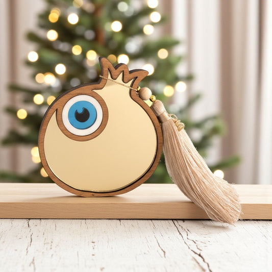 Χονδρική So Cute byi Dimi γούρι ρόδι από ξύλο και πλεξιγκλάς καθρέφτη με μάτι και φούντα