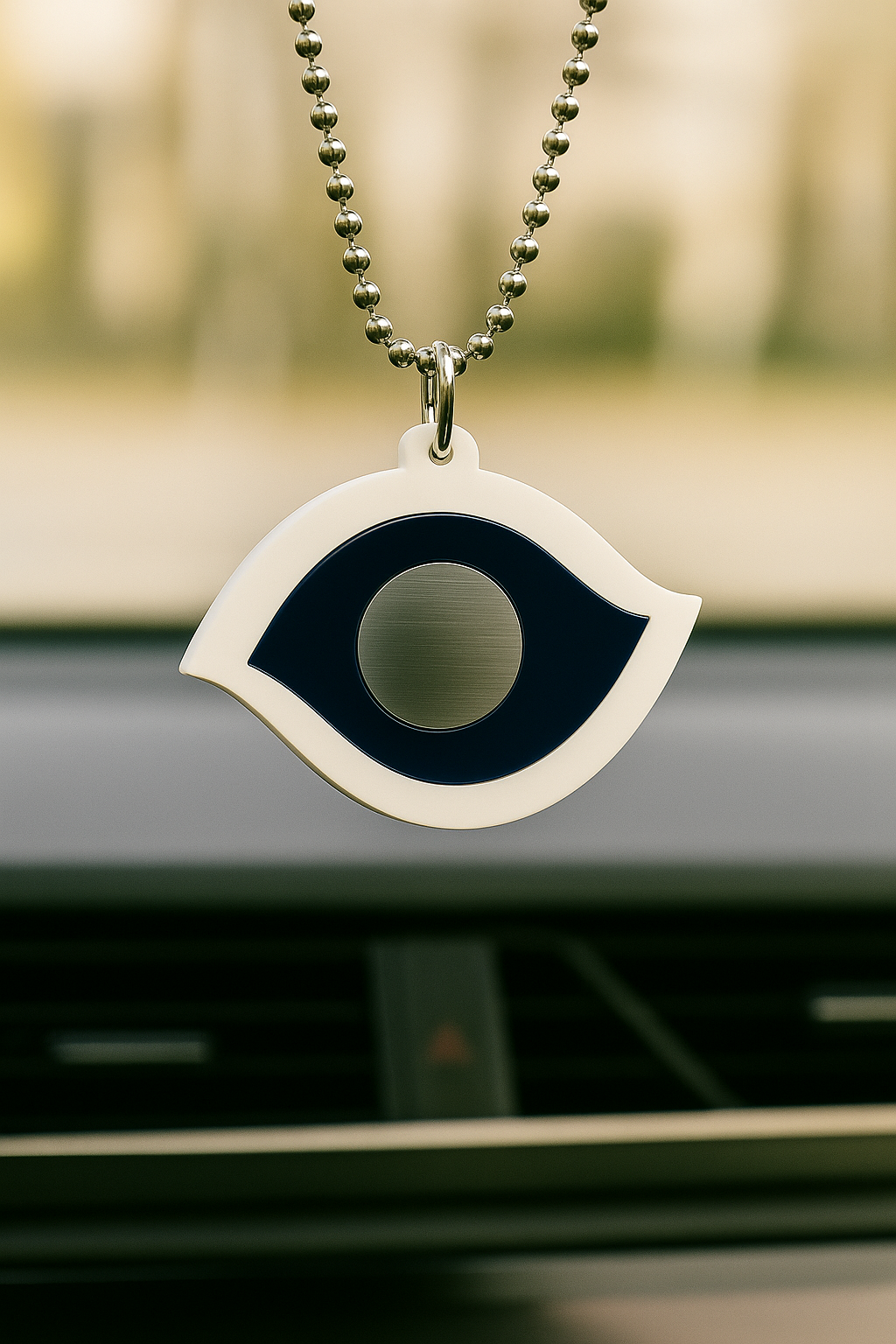 Γούρι αυτοκινήτου μάτι από λευκό και μπλε plexiglass με ασημί καθρέφτη στο κέντρο – design Drive Icons