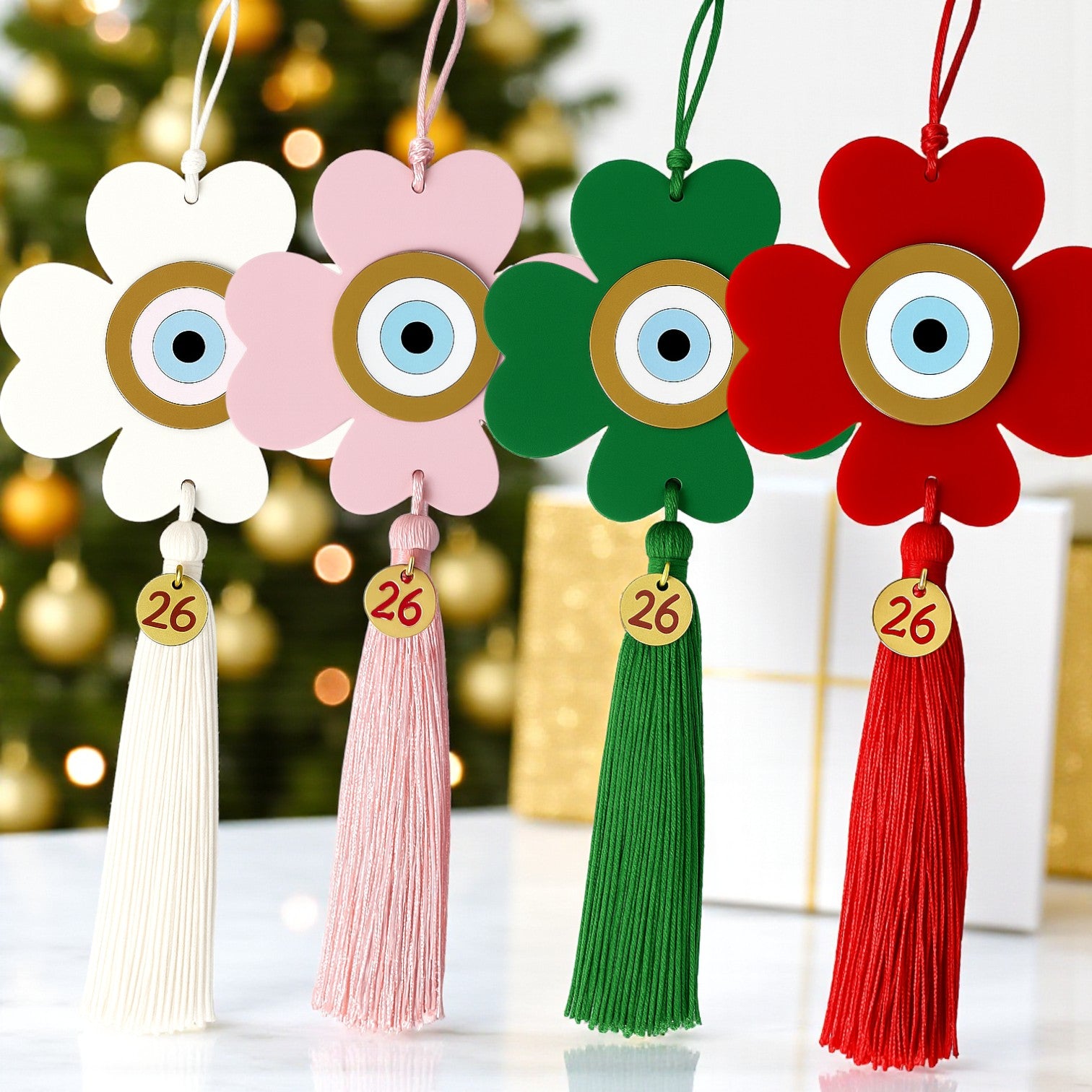 Γούρι 2026 τετράφυλλο plexiglass με μάτι & φούντα – διαθέσιμο σε πολλά χρώματα So Cute by DImi Χονδρική