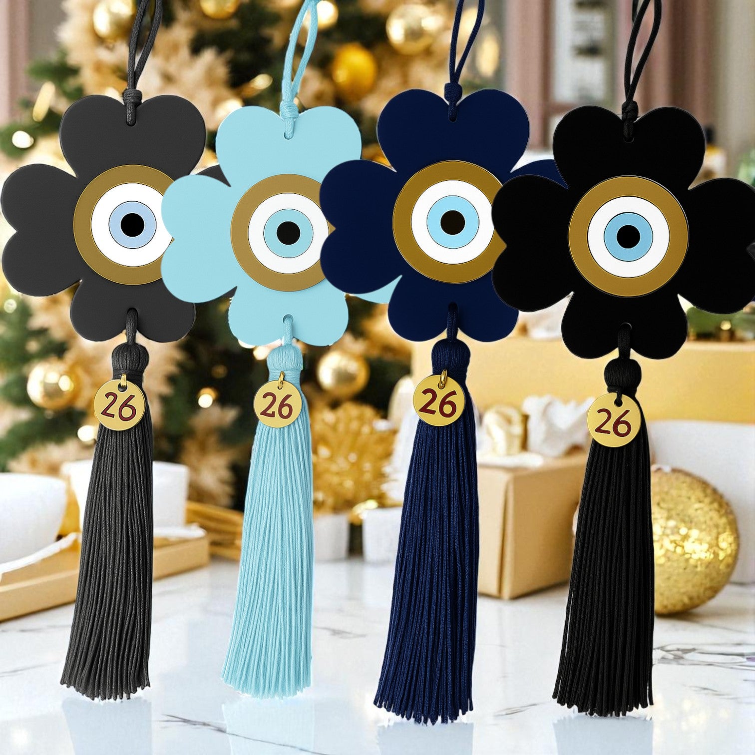 Γούρι 2026 τετράφυλλο plexiglass με μάτι & φούντα – διαθέσιμο σε πολλά χρώματα So Cute by DImi Χονδρική