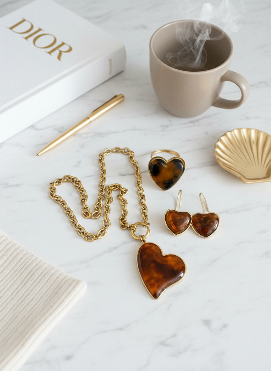 Ατσάλινο Κολιέ, σκουλαρίκια και δαχτυλίδι με Καρδιά Ταρταρούγα Χονδρική | So Cute by Dimi