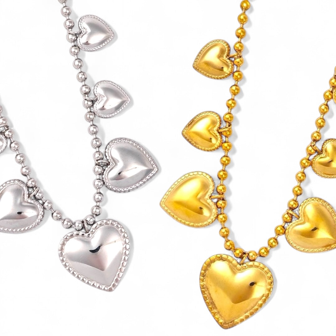 Ατσάλινο κολιέ με μπίλιες και μεταλλικές καρδιές σε χρυσό & ασημί – So Cute by Dimi