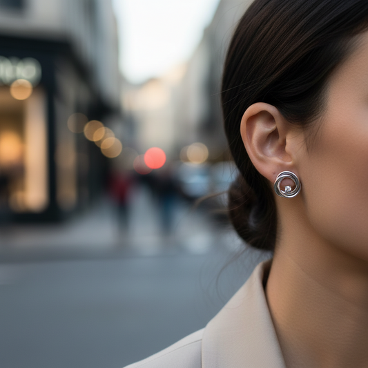 Stainless steel twisted stud earrings with central crystal in silver– So Cute by Dimi.