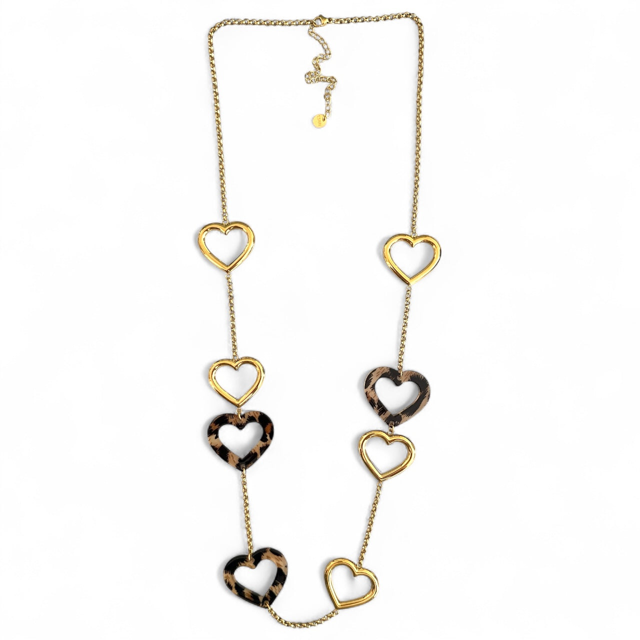Χονδρικό ατσάλινο κολιέ με χρυσές και animal print καρδιές – So Cute Wholesale