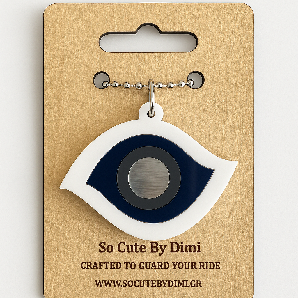 Γούρι αυτοκινήτου μάτι από λευκό και μπλε plexiglass με ασημί καθρέφτη στο κέντρο – design Drive Icons
