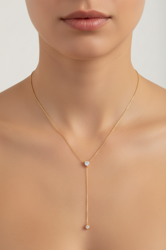 Heart Drop Y Necklace ατσάλινο κολιέ Υ με καρδιά ζιργκόν και στρογγυλό ζιργκονάκι – So Cute by Dimi χονδρική