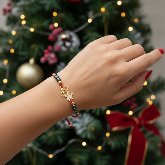 Χειροποίητο βραχιόλι γούρι 2026 με αιματίτη & αστεράκι glitter σε κορδόνι – So Cute by Dimi Wholesale