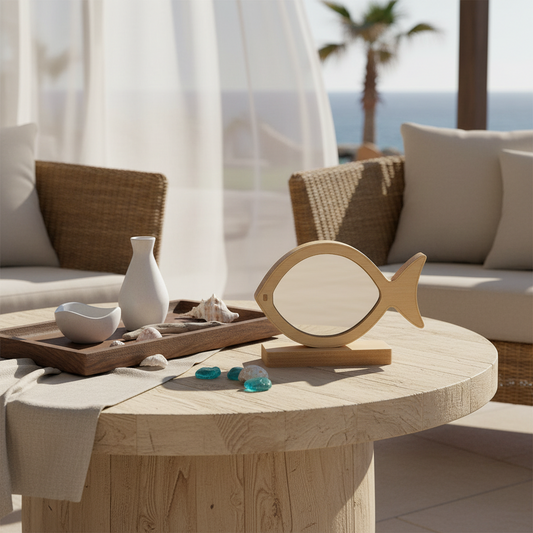 🤍✨ Επιτραπέζιο Ψάρι–Καθρέφτης Plexiglass με Ξύλινη Βάση