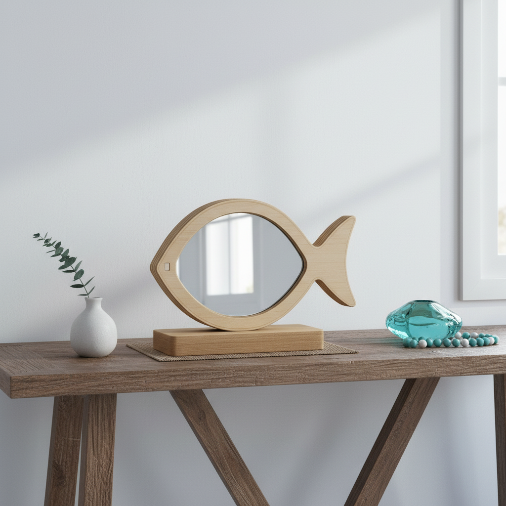 🤍✨ Επιτραπέζιο Ψάρι–Καθρέφτης Plexiglass με Ξύλινη Βάση