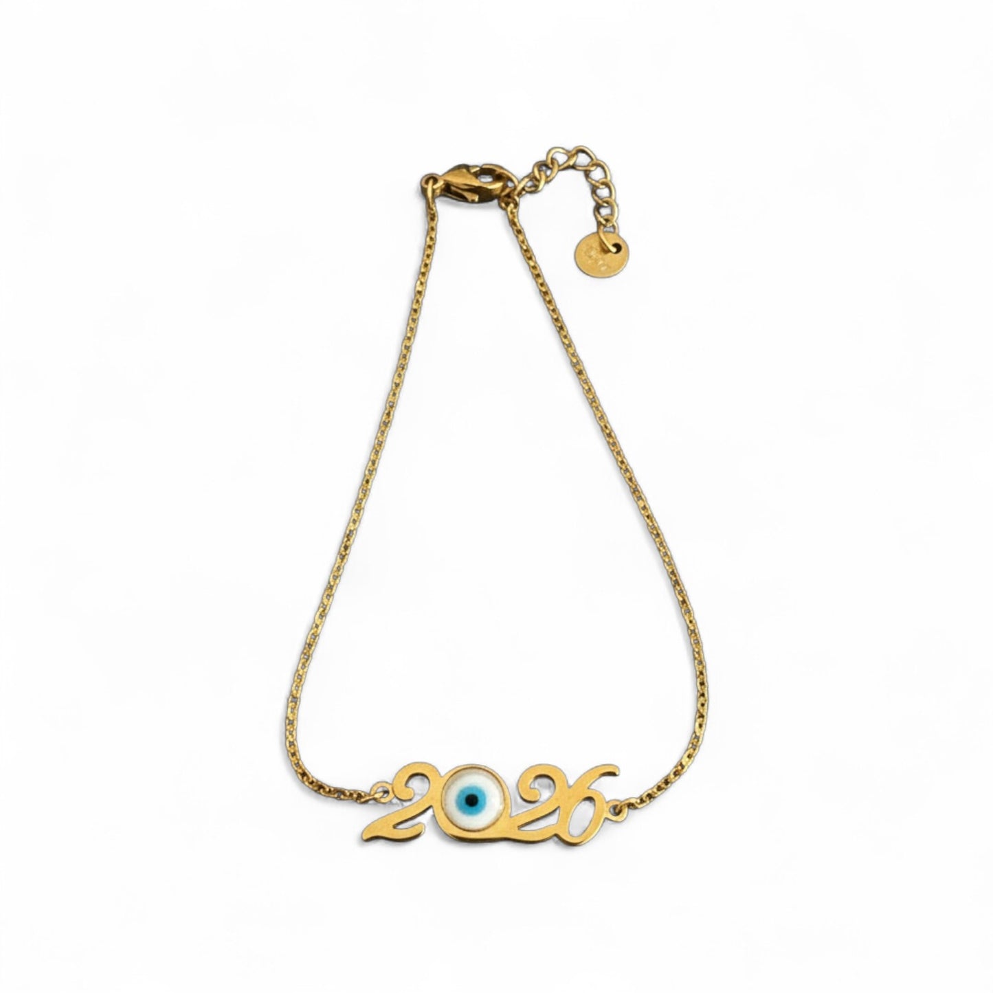 Ατσάλινο βραχιόλι γούρι 2026 με ματάκι σε χρυσό και ασημί – So Cute Wholesale