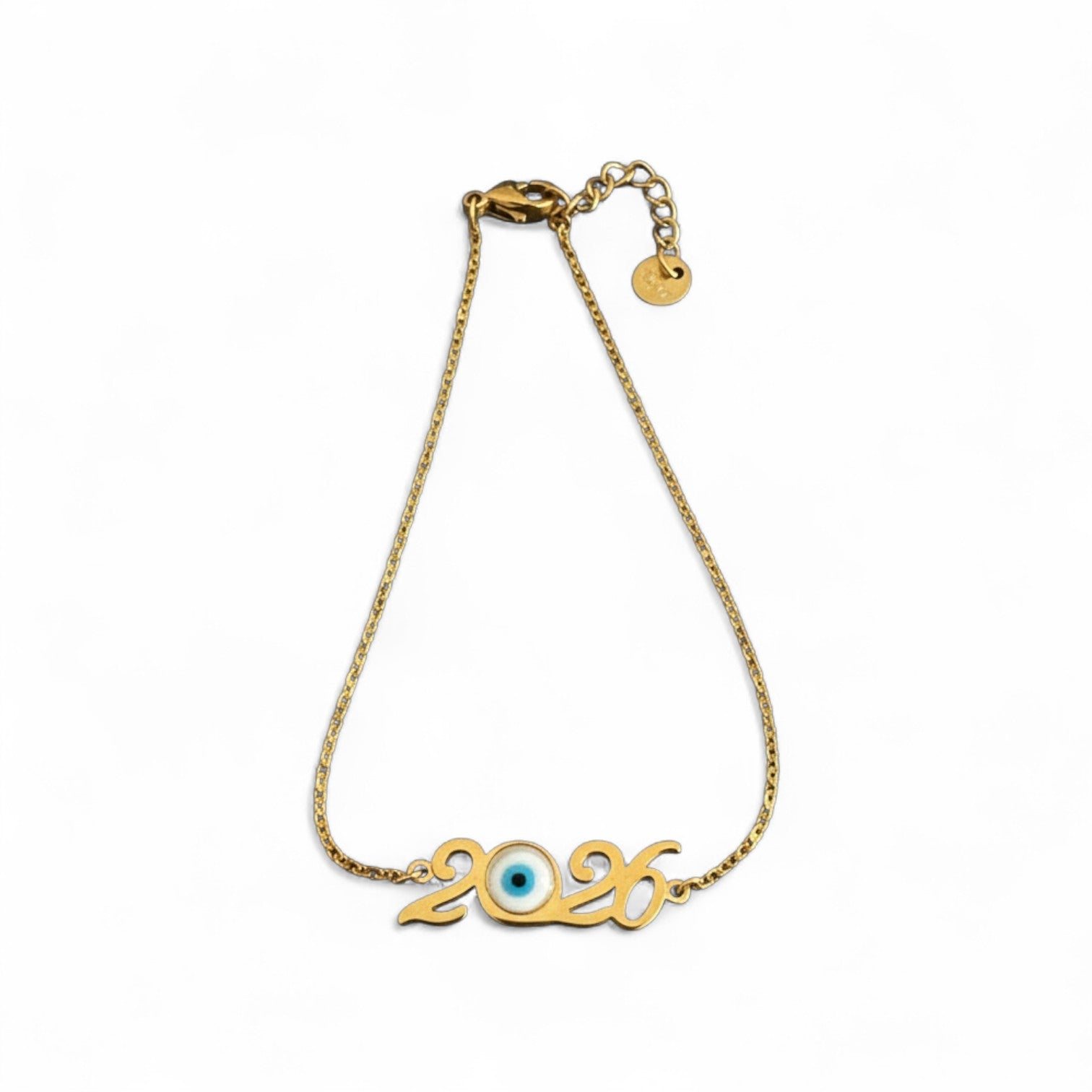 Ατσάλινο βραχιόλι γούρι 2026 με ματάκι σε χρυσό και ασημί – So Cute Wholesale