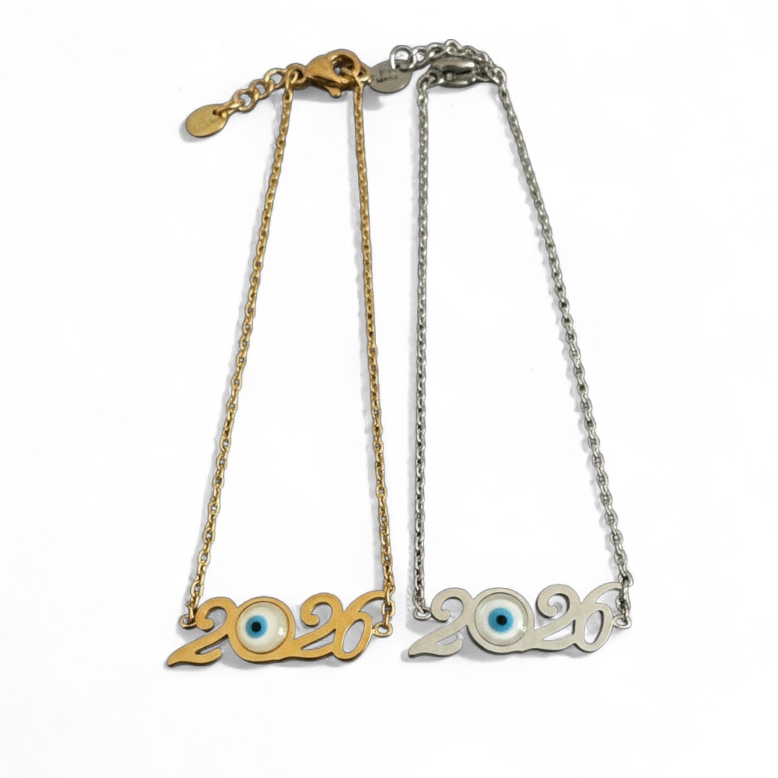 Ατσάλινο βραχιόλι γούρι 2026 με ματάκι σε χρυσό και ασημί – So Cute Wholesale