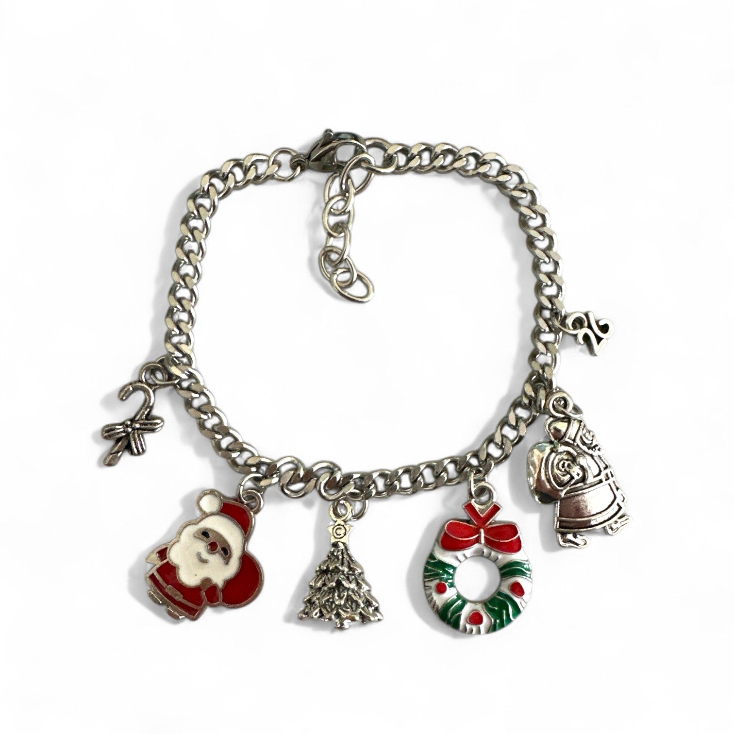 Χειροποίητο ατσάλινο βραχιόλι γούρι με χριστουγεννιάτικα charms Santa, δέντρο & στεφάνι – So Cute by Dimi