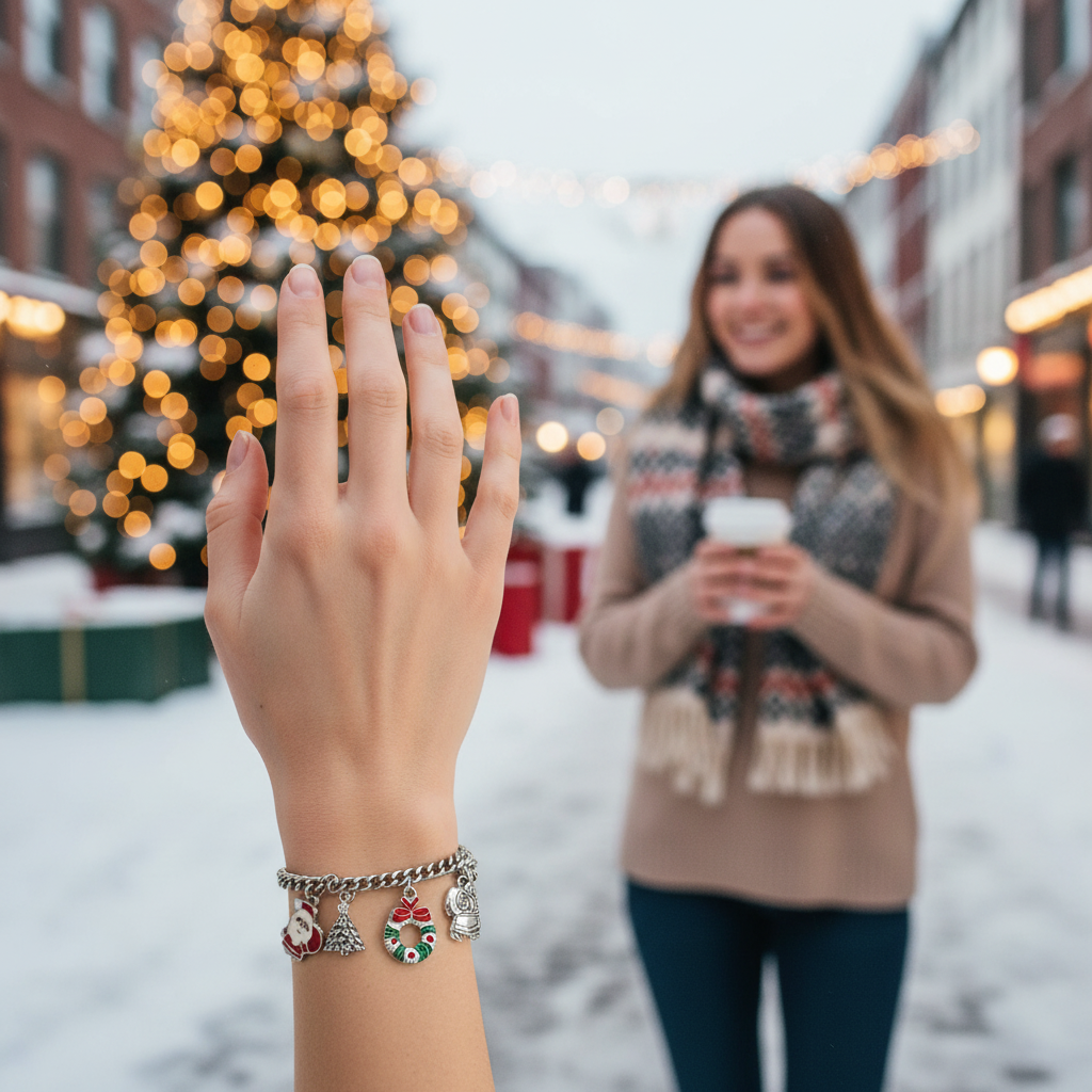 Χειροποίητο ατσάλινο βραχιόλι γούρι με χριστουγεννιάτικα charms Santa, δέντρο & στεφάνι – So Cute by Dimi