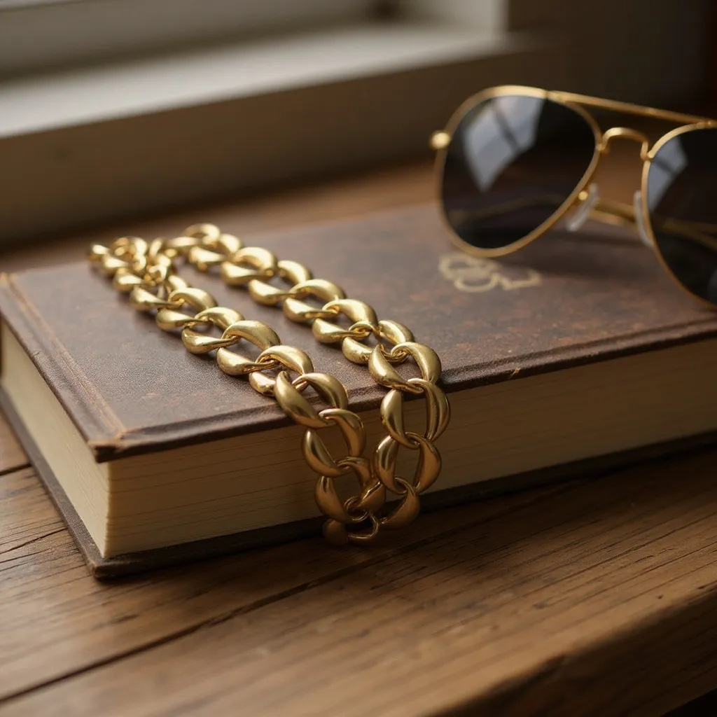 Gold chain and sunglasses on an open book