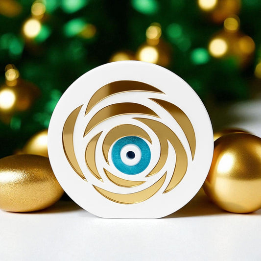 Petal Eye γούρι χονδρική, επιτραπέζιο plexiglass με μάτι & χρυσά πέταλα σε μαύρο ή λευκό – So Cute by Dimi