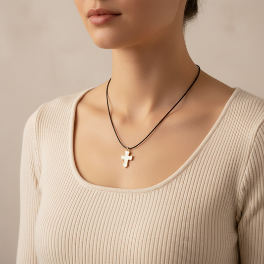Κολιέ με μαύρο κορδόνι και μοτίφ σταυρό σε λευκό με χρυσό περίγραμμα – So Cute by Dimi