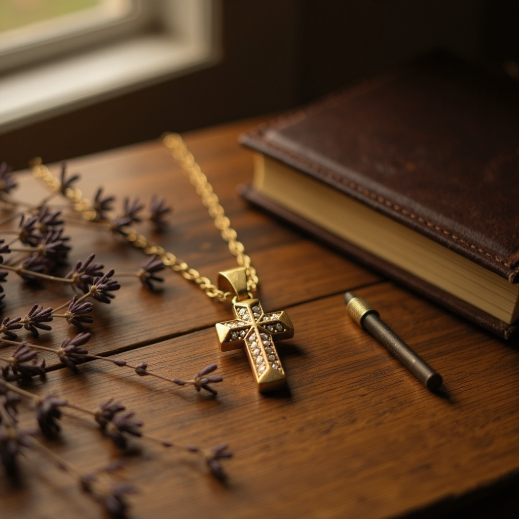 Gold cross necklace on a wooden surface with lavender and a book in the background