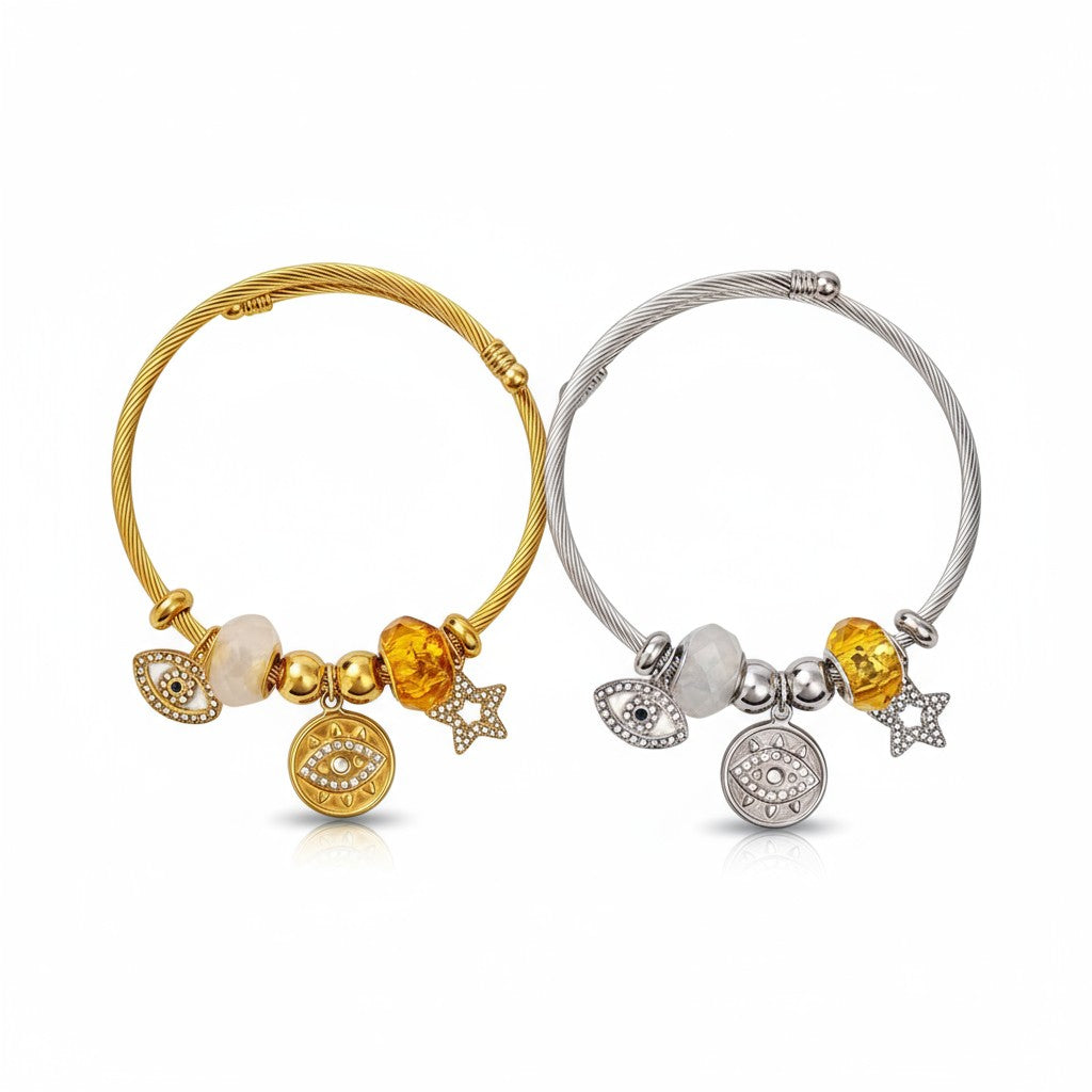 Χονδρικό ατσάλινο βραχιόλι Lucky Charms με μάτι, αστέρι και κρύσταλλα σε χρυσό & ασημί