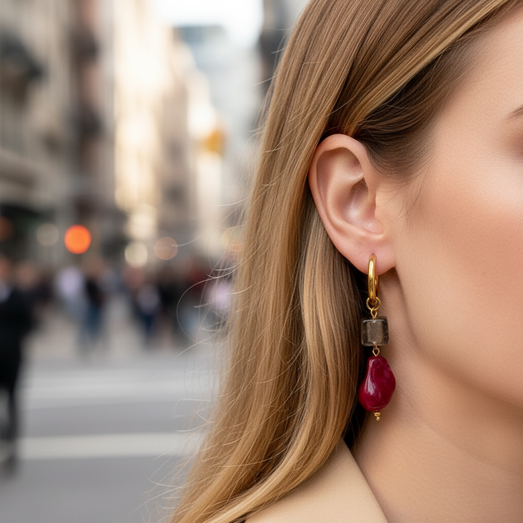 Aurora Gem Earrings – Σκουλαρίκια με κόκκινη και καπνίζουσα πέτρα σε χρυσούς κρίκους – So Cute by Dimi