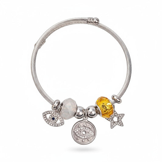 Χονδρικό ατσάλινο βραχιόλι Lucky Charms με μάτι, αστέρι και κρύσταλλα σε χρυσό & ασημί