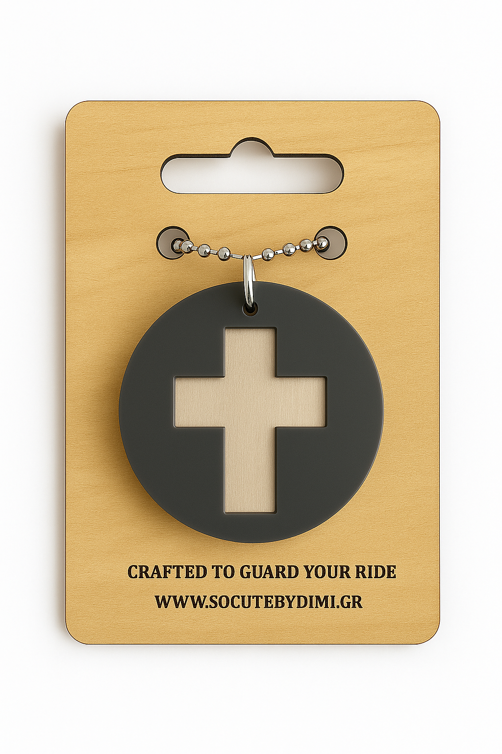 Γούρι αυτοκινήτου με σκούρο γκρι κυκλικό plexiglass και σταυρό cutout με ασημί καθρέφτη στο φόντο – minimal, αρχιτεκτονικό design