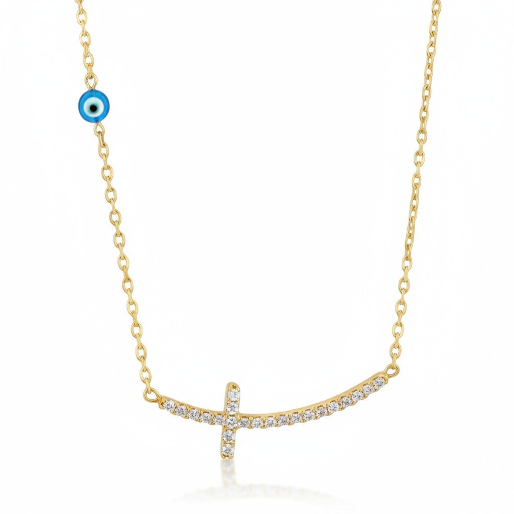 Κολιέ “Faith Spark” – Ατσάλινο με σταυρό και ματάκι | So Cute by Dimi Wholesale