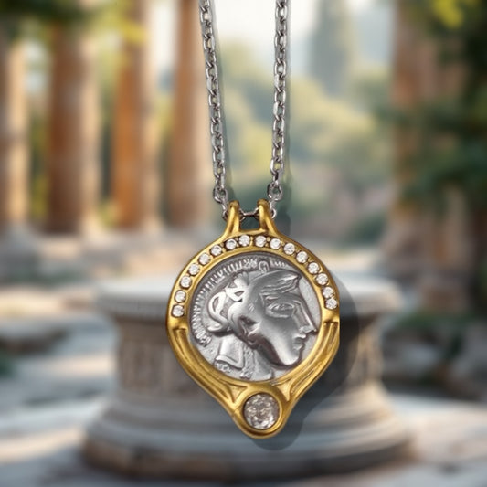 ⚡🚚 Κολιέ Athena Glow – Ατσάλινο με Δίχρωμο Νόμισμα & Ζιργκόν