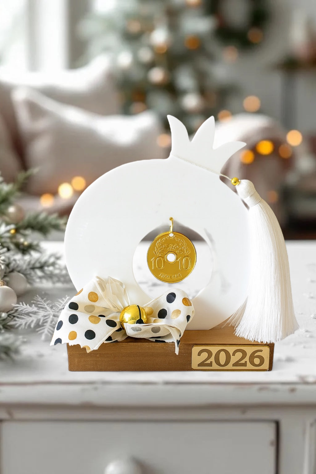 Επιτραπέζιο γούρι χονδρικής 2026 από plexiglass ρόδι με χρυσή δεκάρα, ξύλινη βάση και φούντα