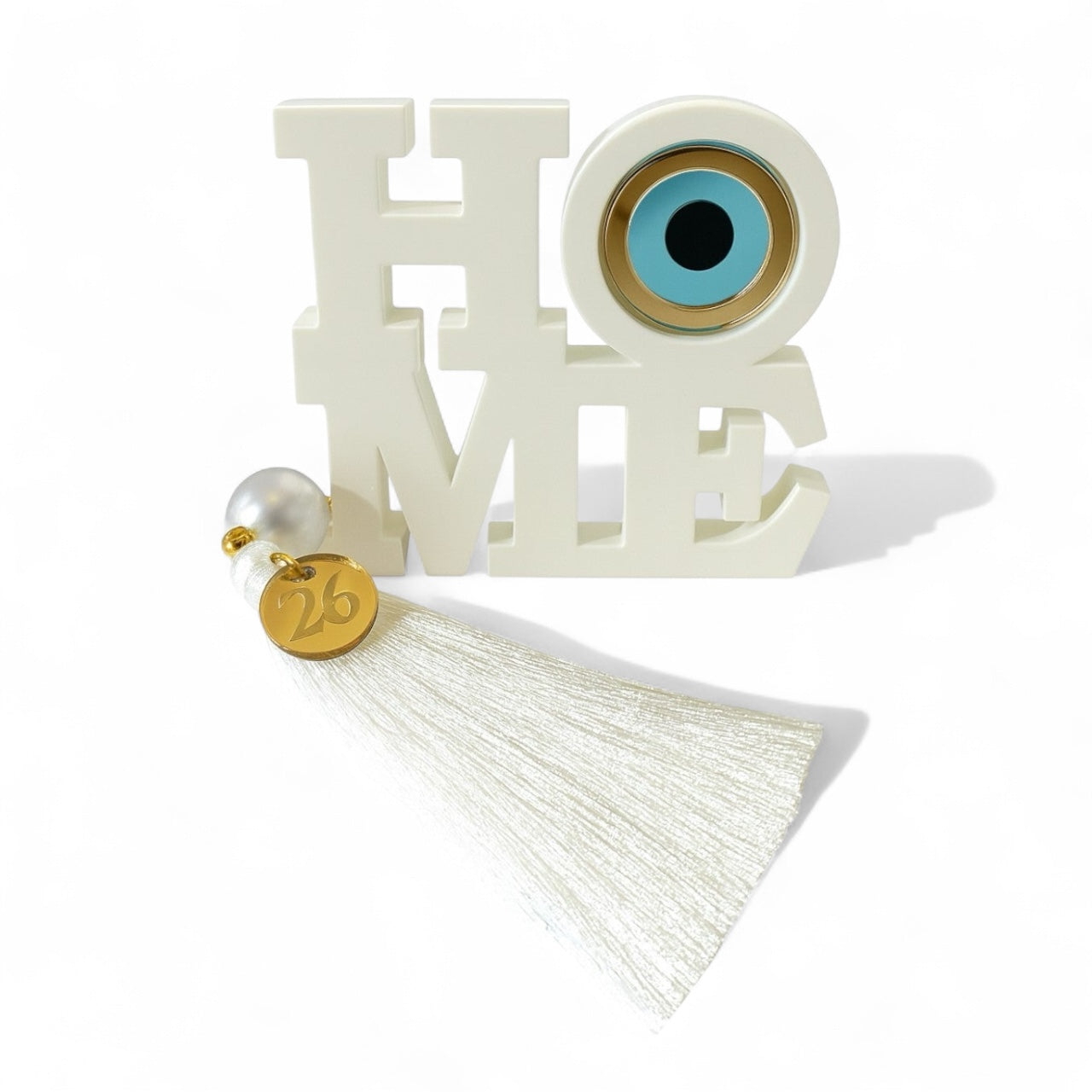 Χειροποίητο γούρι HOME με μάτι, πέρλα και φούντα – So Cute by Dimi Wholesale