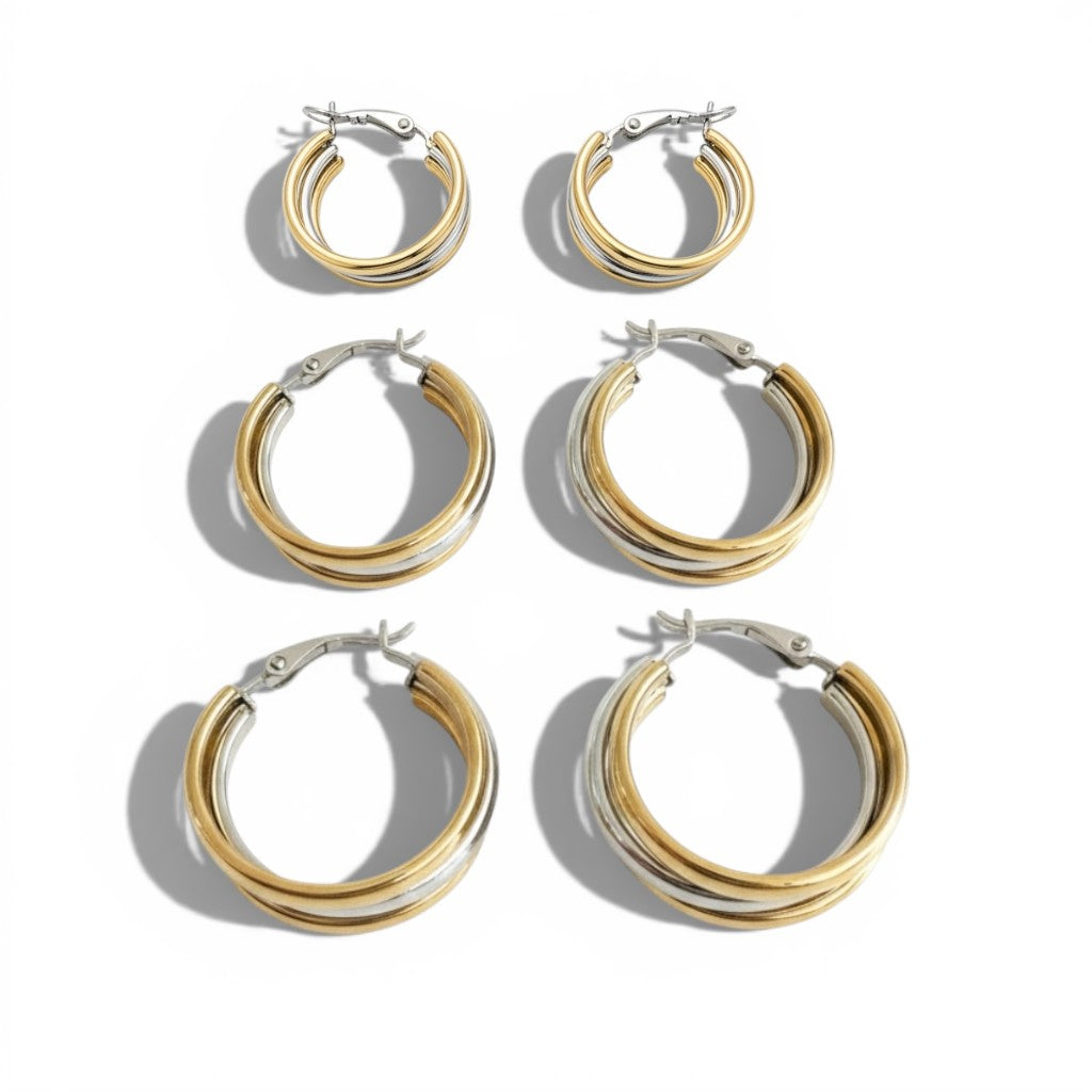 Δίχρωμα ατσάλινα σκουλαρίκια κρίκοι με layered σχεδιασμό σε χρυσό και ασημί