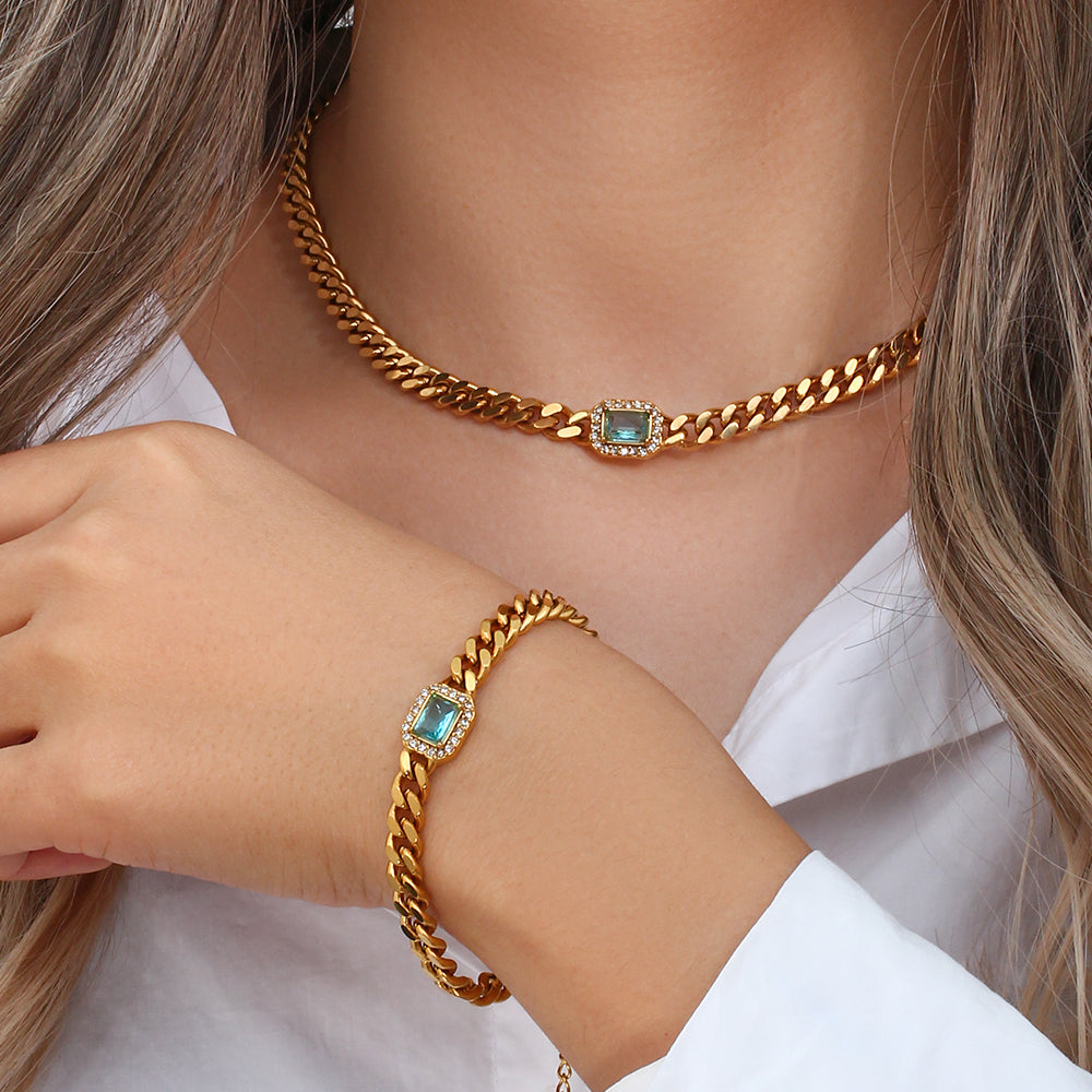 Fashion Square Stainless Steel Plating Inlay Zircon Bracelets & Necklace