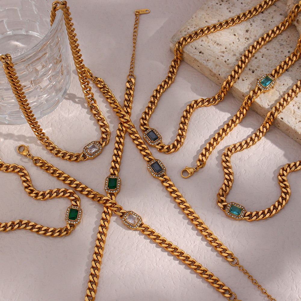 Fashion Square Stainless Steel Plating Inlay Zircon Bracelets & Necklace
