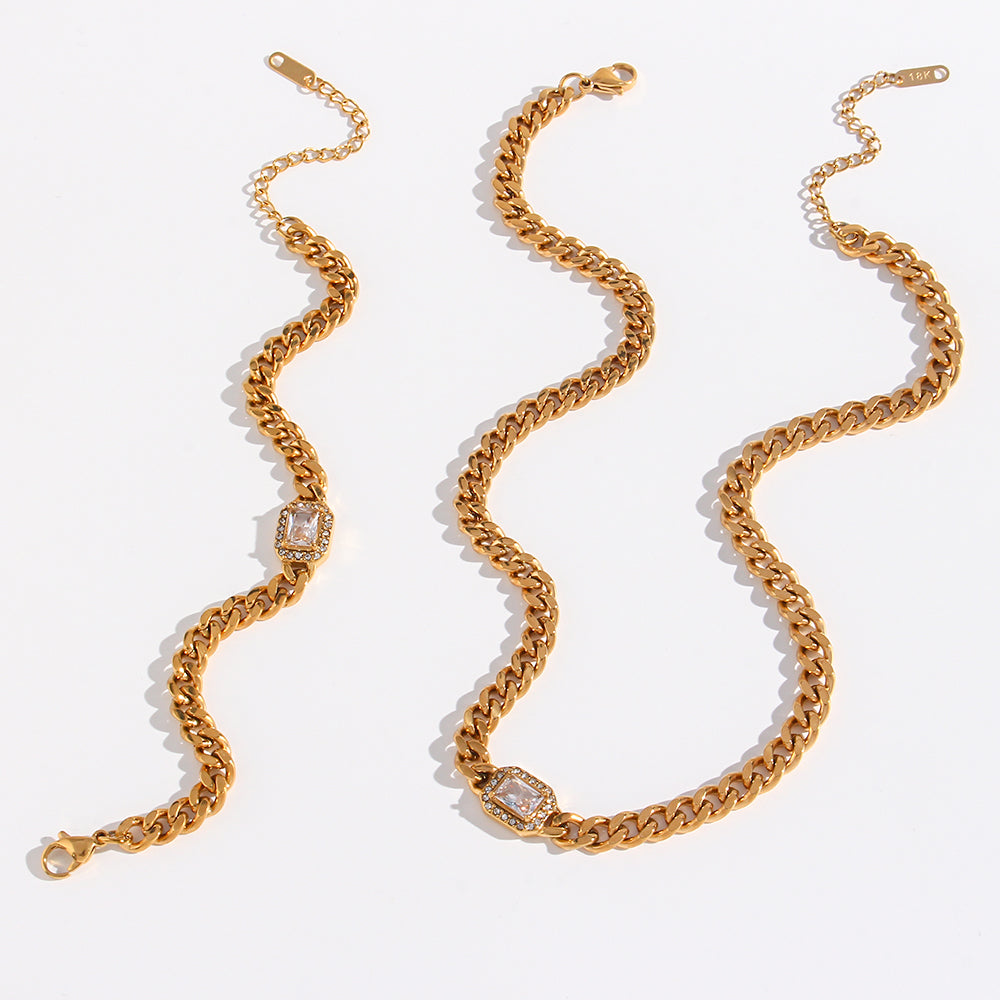 Fashion Square Stainless Steel Plating Inlay Zircon Bracelets & Necklace