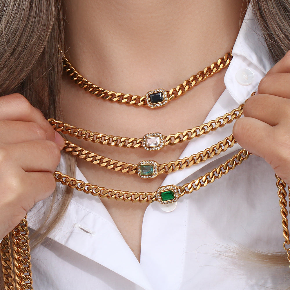 Fashion Square Stainless Steel Plating Inlay Zircon Bracelets & Necklace
