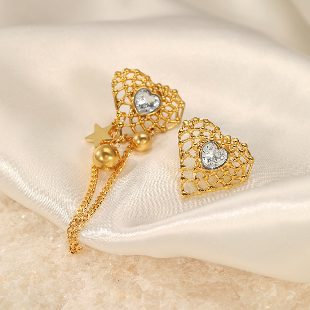 Fashion Star Heart Shape Stainless Steel Asymmetrical Rhinestones Earrings
