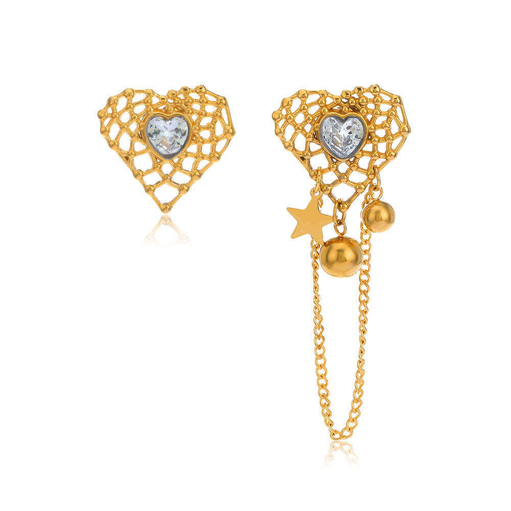 Fashion Star Heart Shape Stainless Steel Asymmetrical Rhinestones Earrings