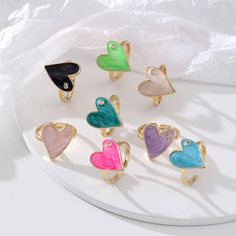 Fashion Heart Shape Copper Enamel Zircon Open Ring