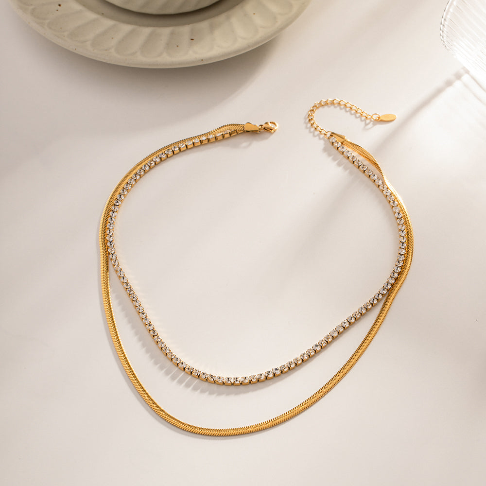Fashion Round Stainless Steel Plating Inlay Artificial Diamond Layered Necklaces