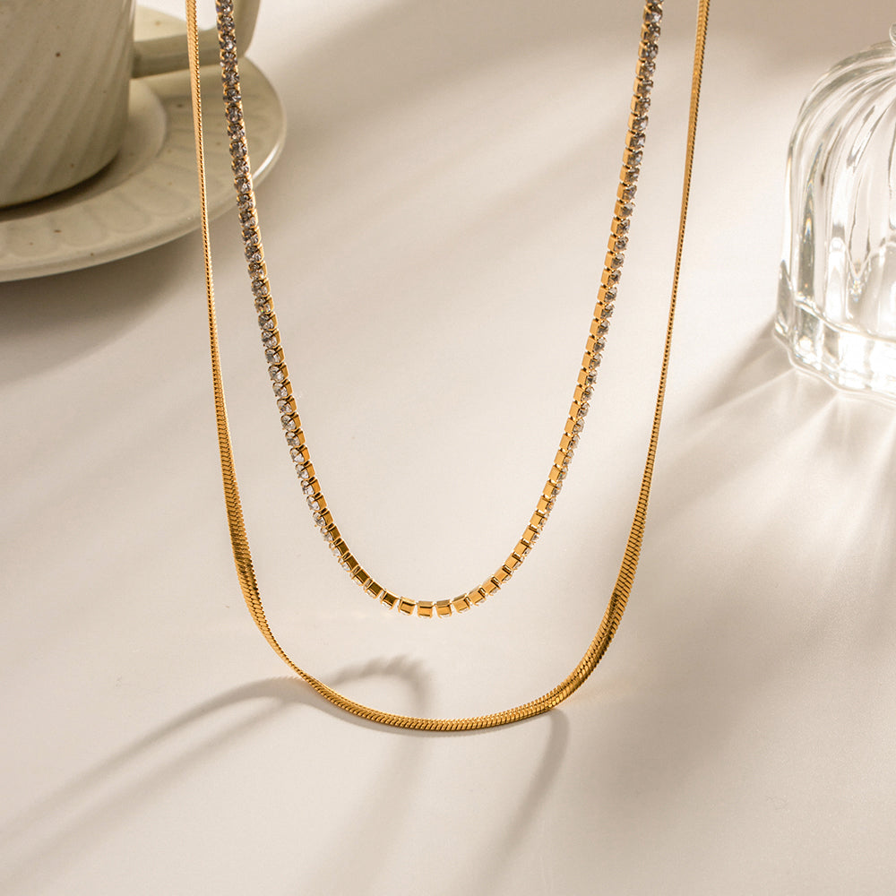 Fashion Round Stainless Steel Plating Inlay Artificial Diamond Layered Necklaces