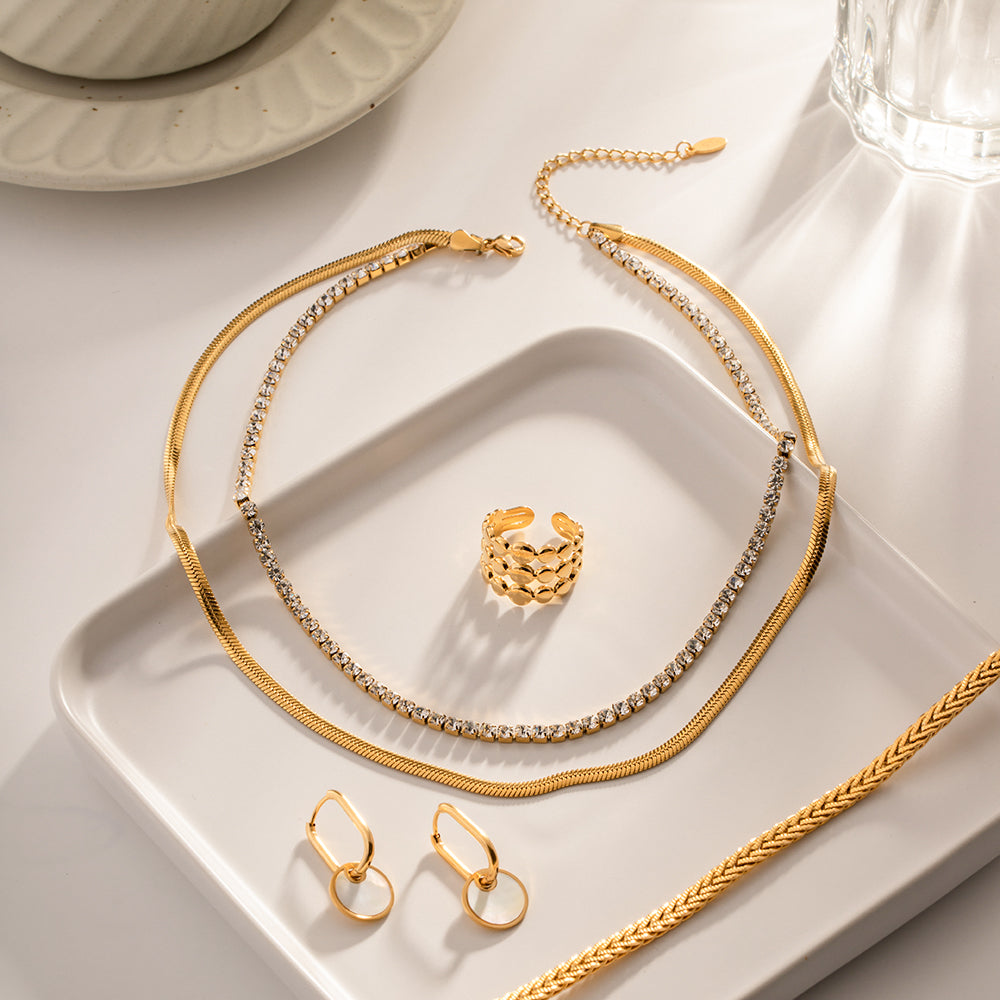 Fashion Round Stainless Steel Plating Inlay Artificial Diamond Layered Necklaces