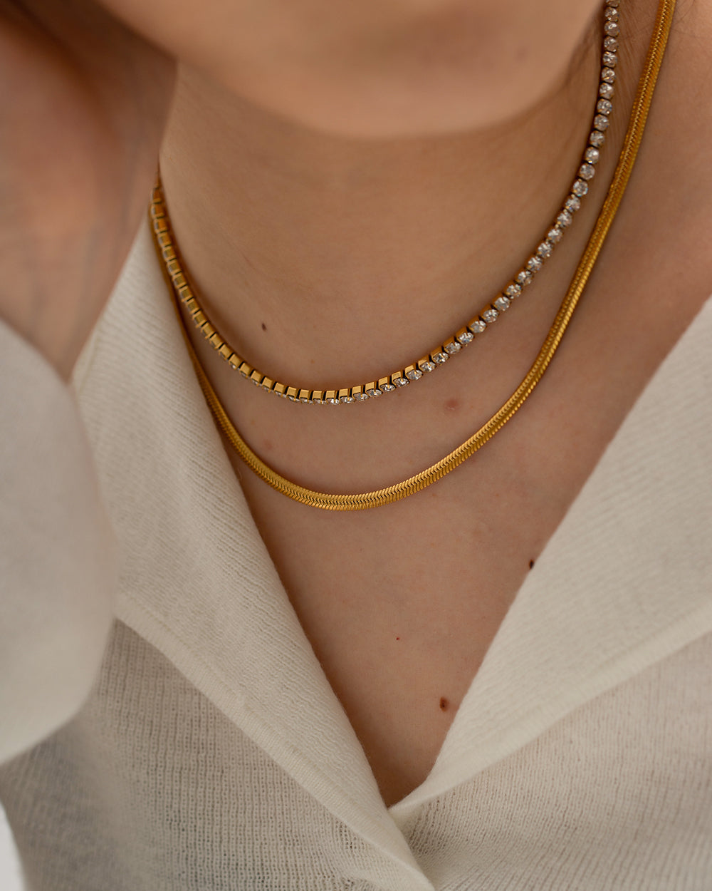 Fashion Round Stainless Steel Plating Inlay Artificial Diamond Layered Necklaces