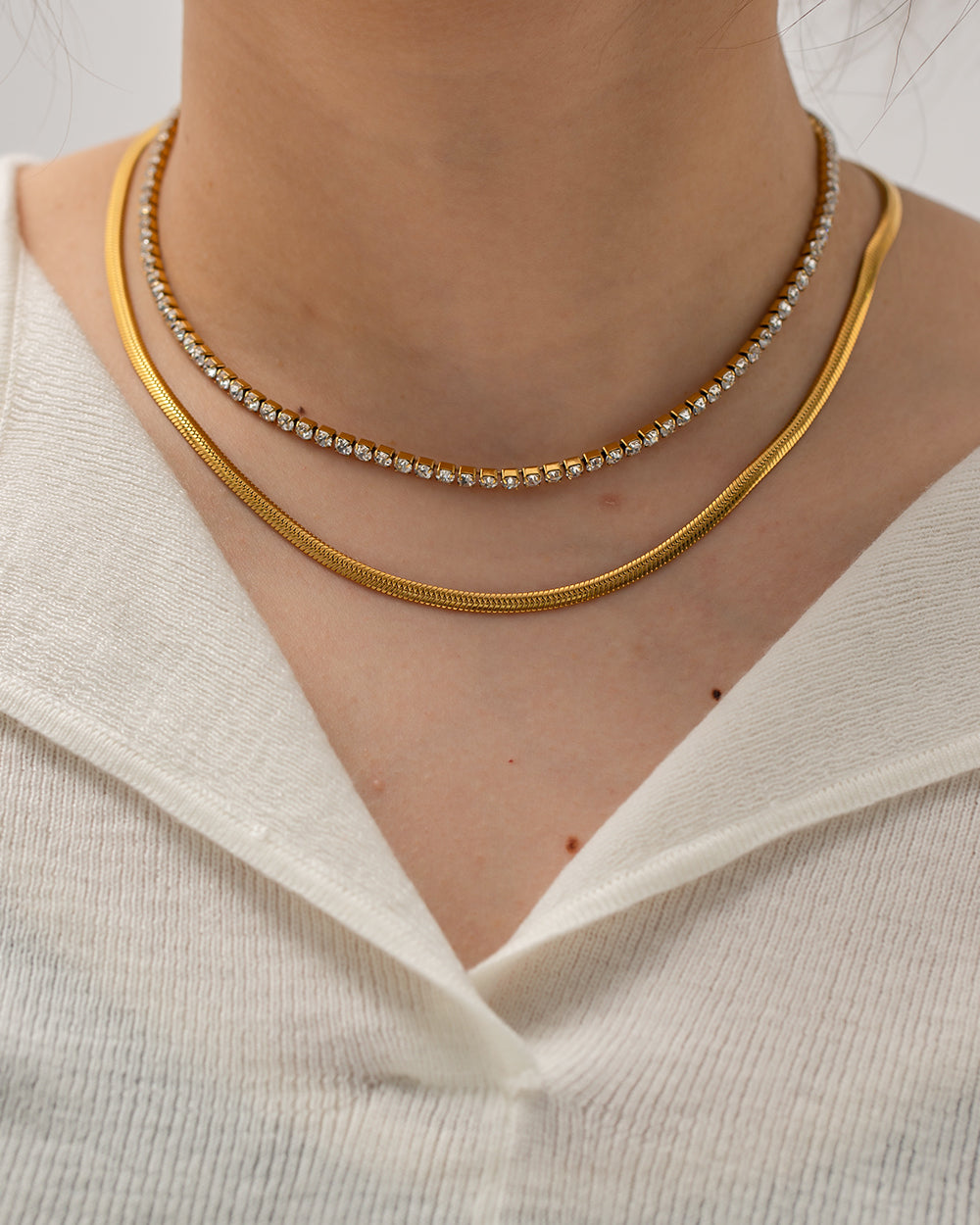 Fashion Round Stainless Steel Plating Inlay Artificial Diamond Layered Necklaces