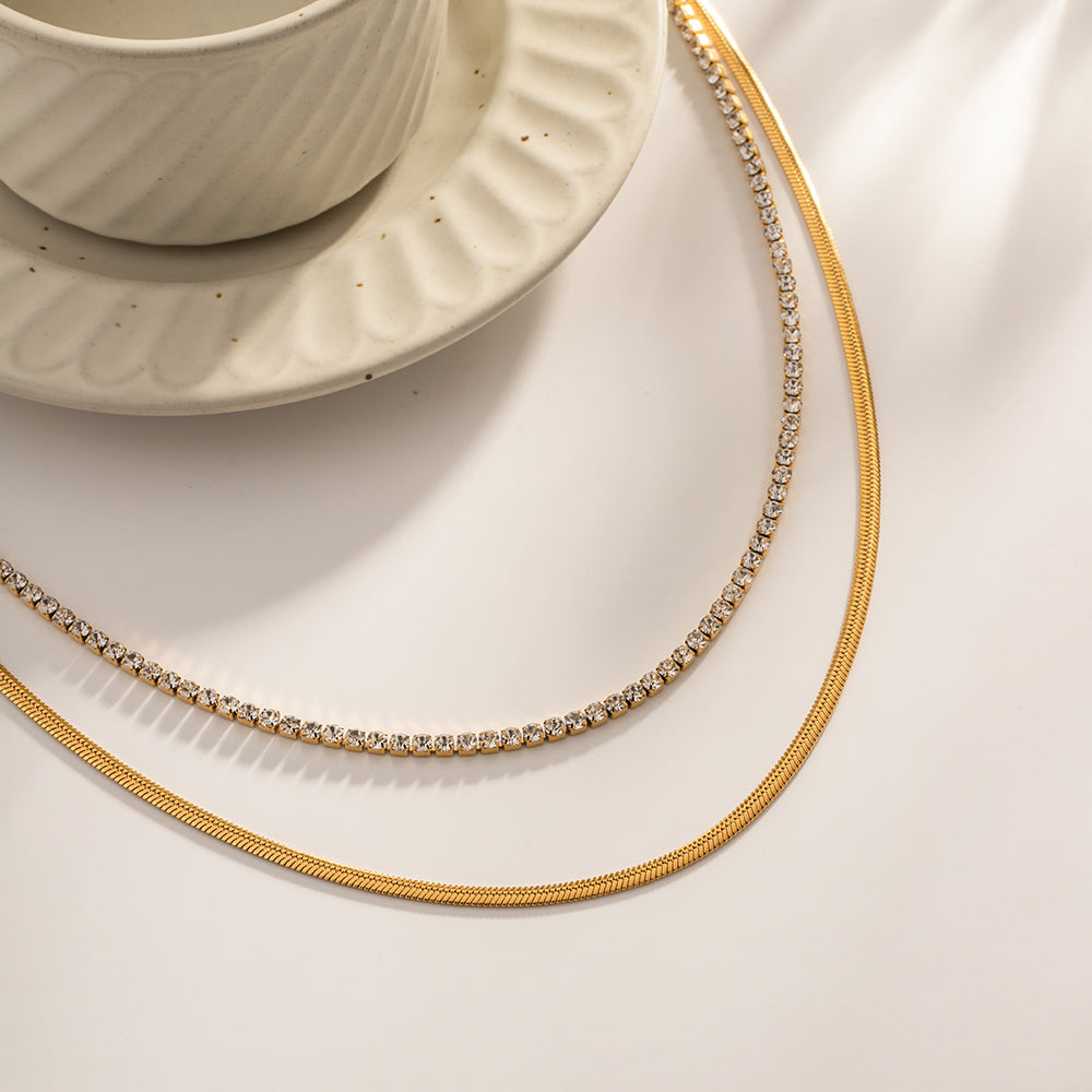 Fashion Round Stainless Steel Plating Inlay Artificial Diamond Layered Necklaces