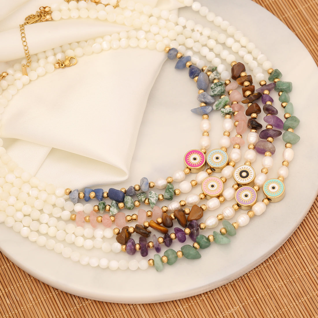 Bohemian Eye Stainless Steel Natural Stone Beaded Necklace
