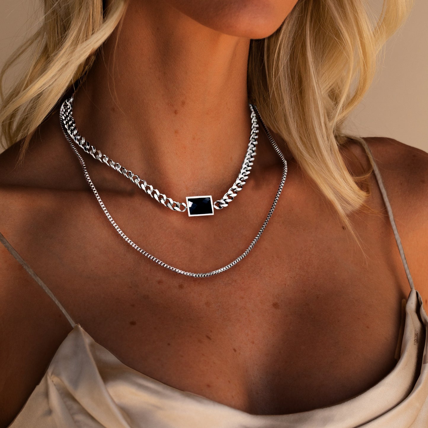 Square Stainless Steel Plating Inlay Artificial Gemstones Silver Plated Layered Necklaces