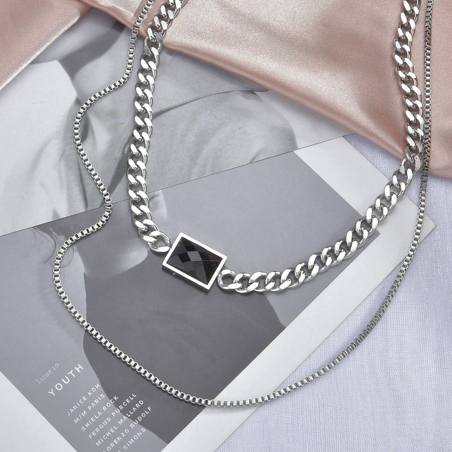 Square Stainless Steel Plating Inlay Artificial Gemstones Silver Plated Layered Necklaces