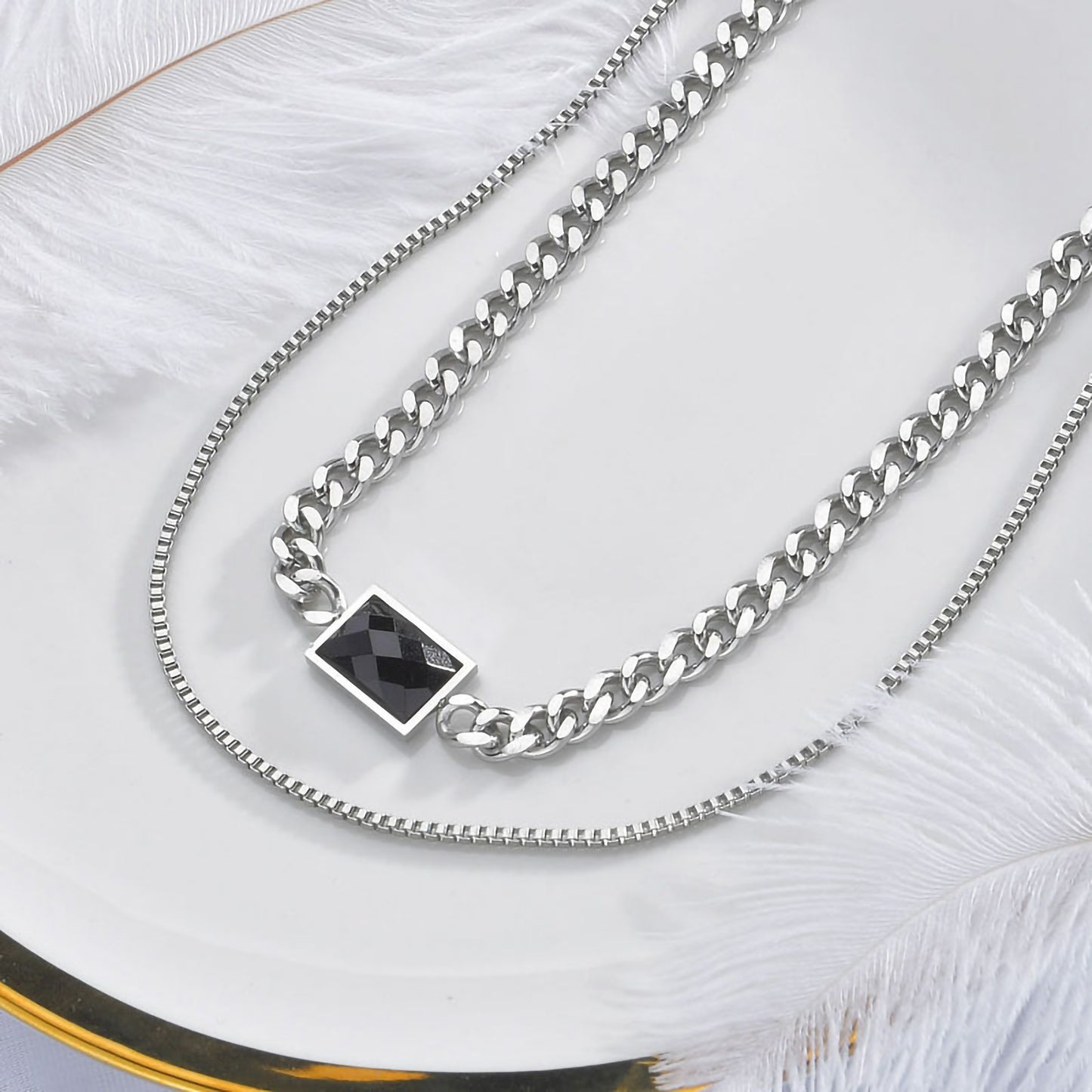 Square Stainless Steel Plating Inlay Artificial Gemstones Silver Plated Layered Necklaces
