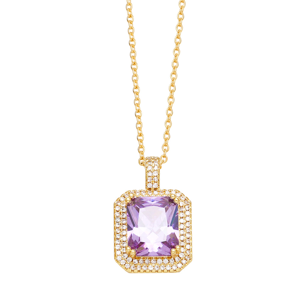 Square Copper Plating Inlay Zircon 18K Gold Plated Pendant Necklace