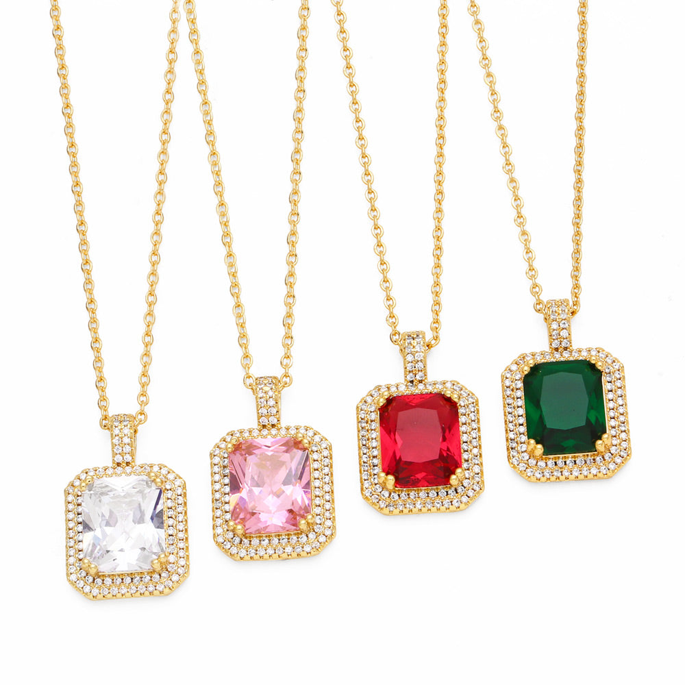 Square Copper Plating Inlay Zircon 18K Gold Plated Pendant Necklace